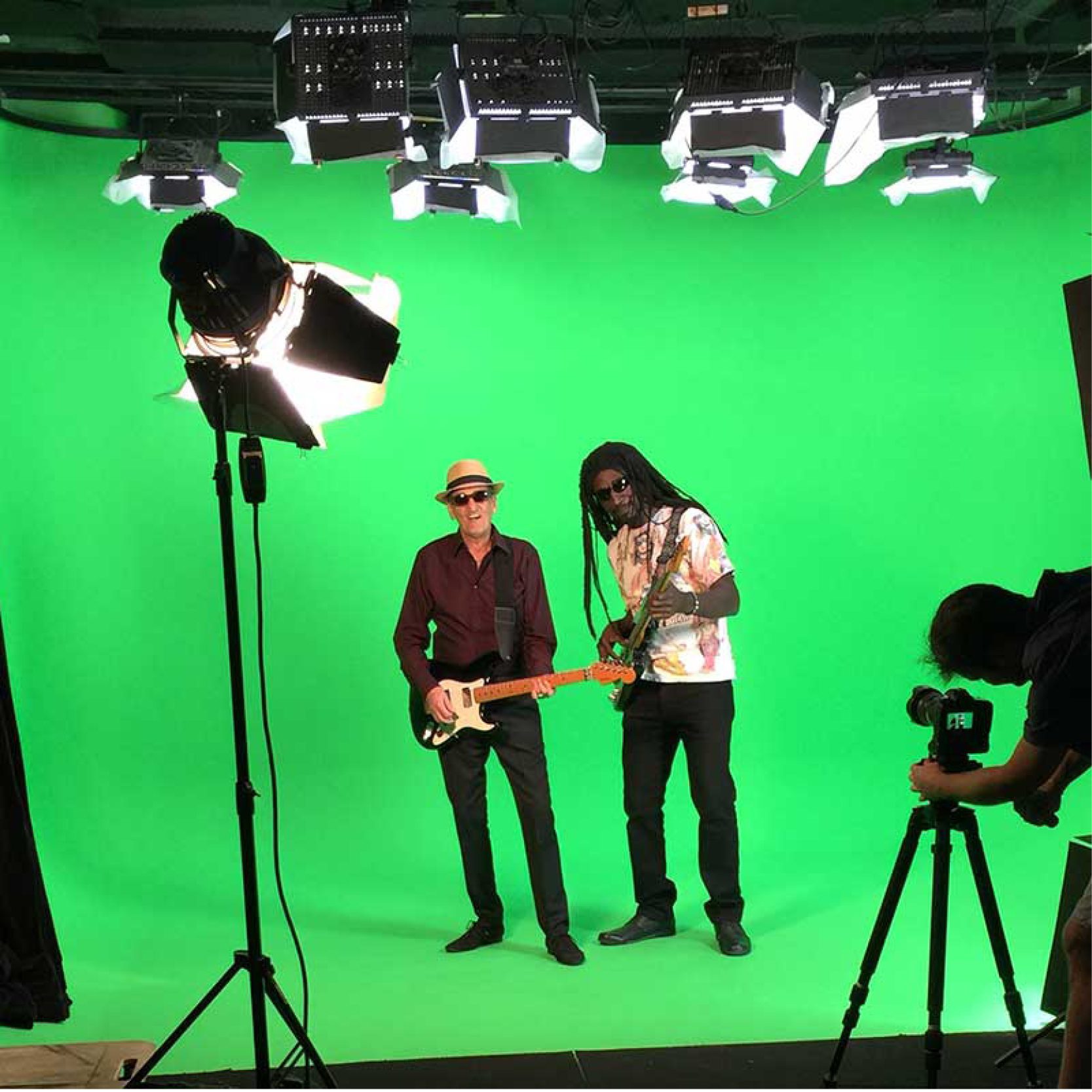 2 men wearing sunglasses playing guitar against a green screen