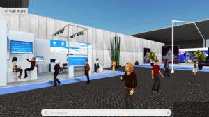 Avatars walking around in a virtual event venue